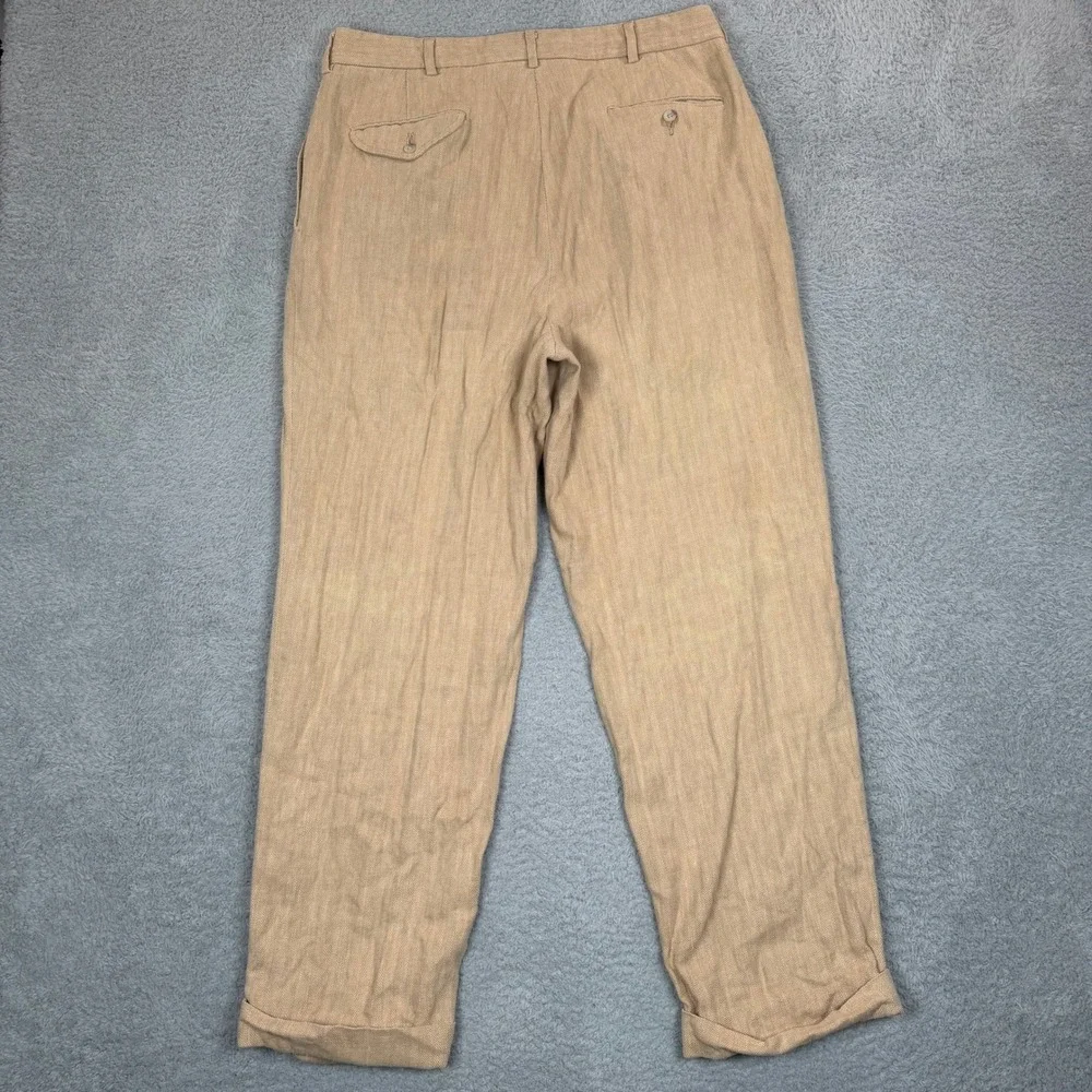 Vintage Polo Ralph Lauren Mens 35x32 Tan Herringbone Linen Cotton Pleated Cuffed